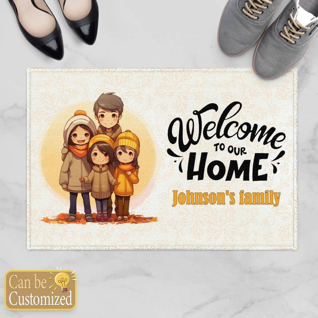 Welcome to Our Home with Family of Four - Your Family's Name Door Mat