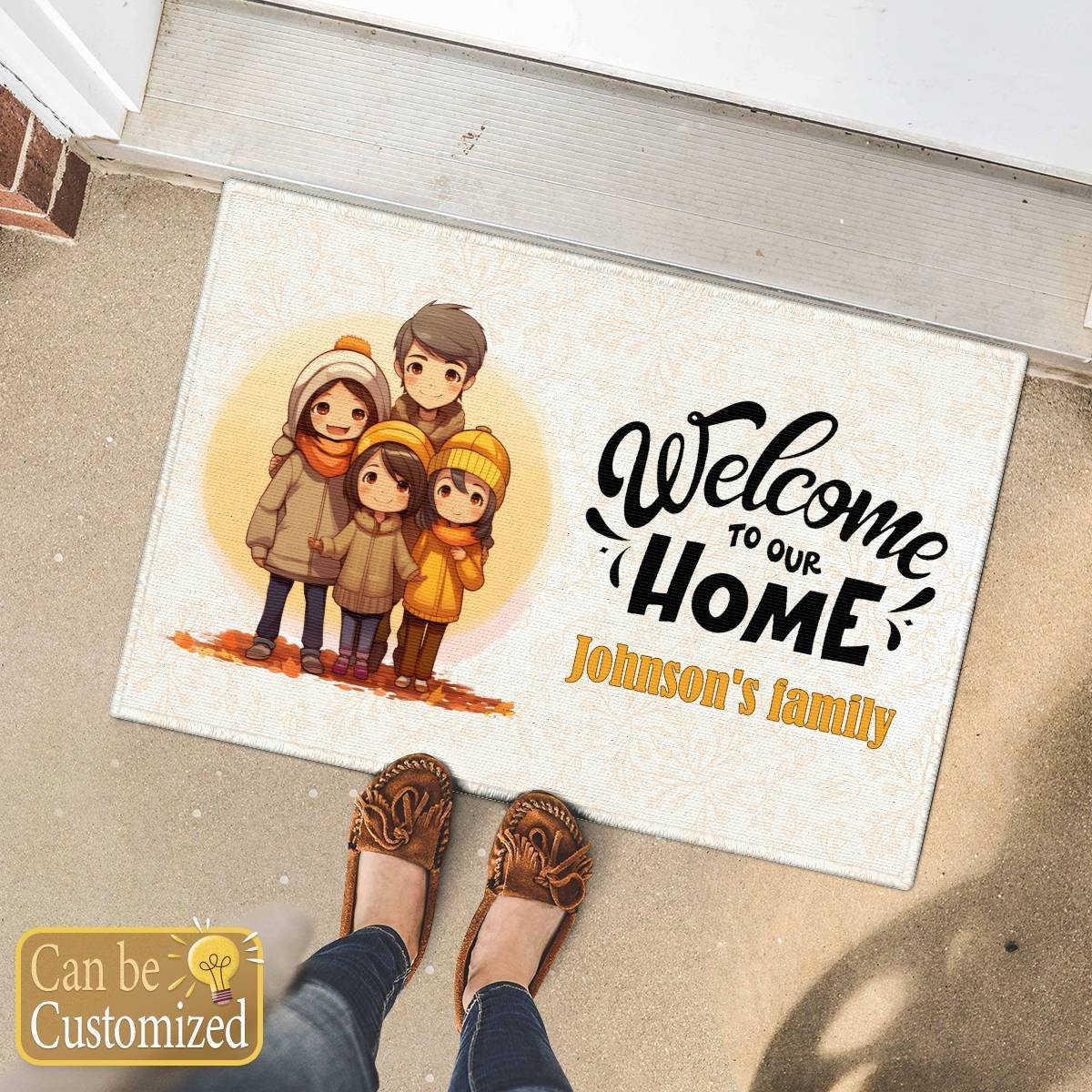 Welcome to Our Home with Family of Four - Your Family's Name Door Mat
